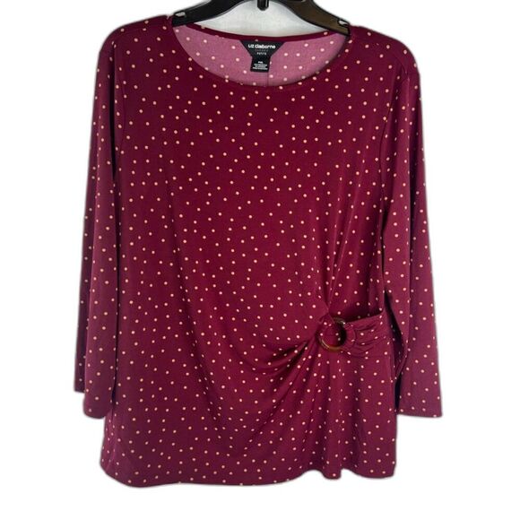 Liz Claiborne NWT Burgundy Dots Faux‎ Wrap Career Blouse Women's Sz PXL - Picture 1 of 9